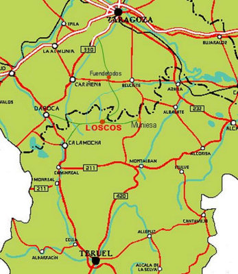 Localisation de Loscos entre Saragosse et Teruel